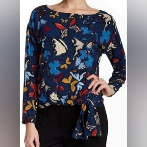 Weston Navy Multi Butterfly/Floral Print Self Tie 3/4 Sleeve Top/Blouse, Sz S! 🍁